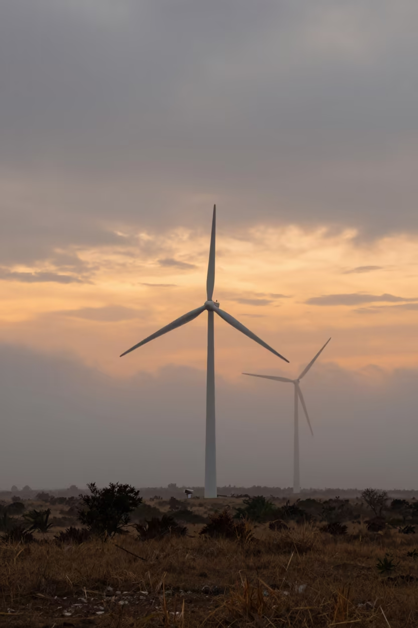 Guinea Fog Sunset Turbines Birds Eye View in through low marine fog in Guinea