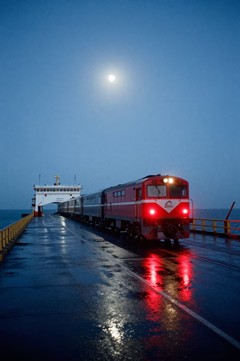 Guinean Ferry Taillights Under Starlit Monsoon Rain in beneath a moon-washed horizon in Guinea
