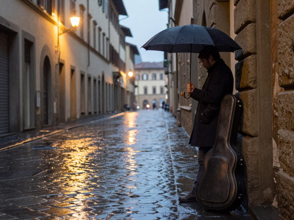 Guitar Case in Florence at Dusk Light in in Florence, Italy