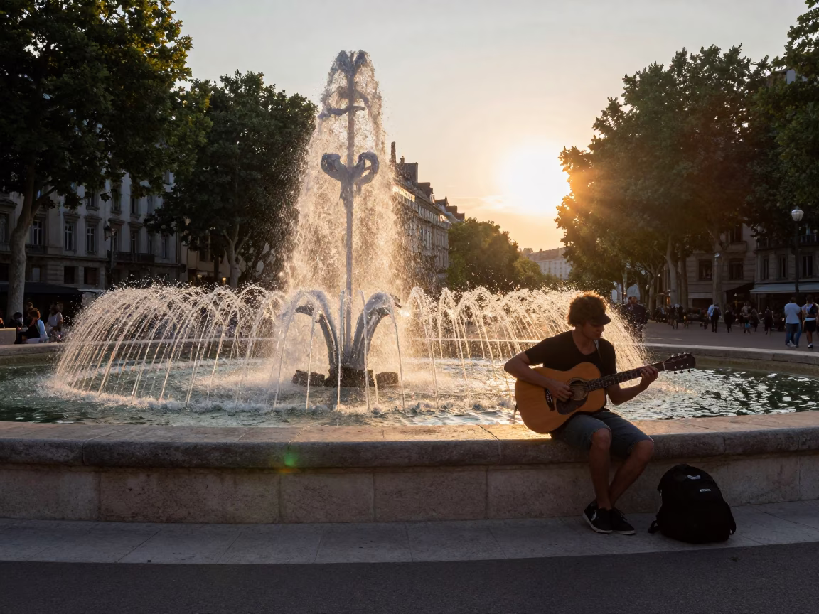 Guitar Fountain in Lyon at As The Sun Drops Toward The Horizon in in Lyon, France