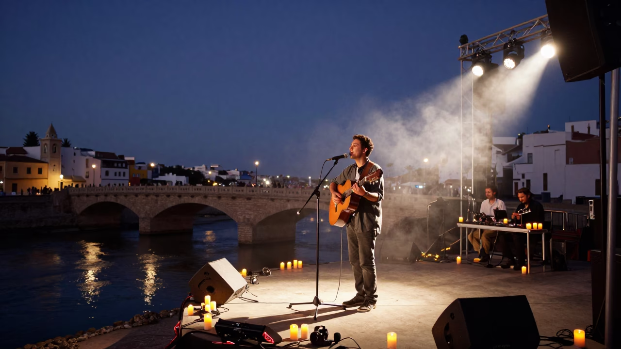 Guitarist sings folk songs beside canal bridge in Essaouira in on a festival main stage in Essaouira