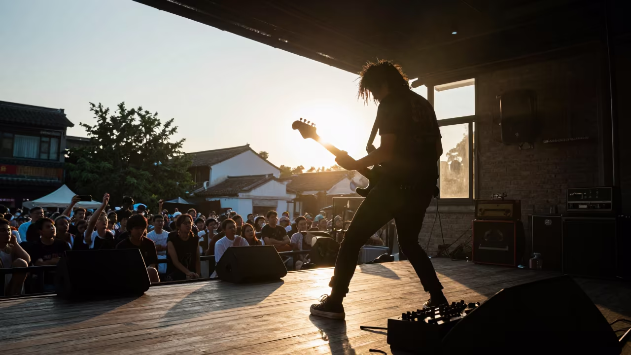 Guitarist Silhouette Nanjing Punk Show Golden Hour in on a dimly lit stage in Nanjing