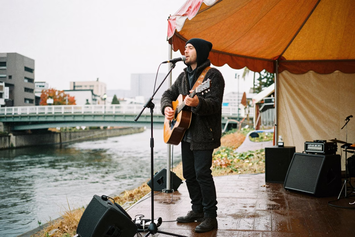 Guitarist Singing Folk Songs Under Fukuoka Tent in under a circus tent in Fukuoka