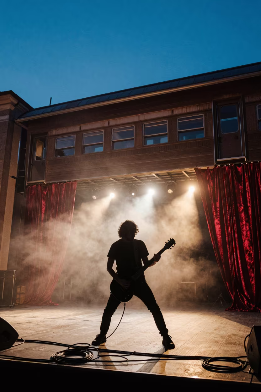 Guitarist Smash Silhouette Blue Hour Sibiu in on a theater stage in Sibiu