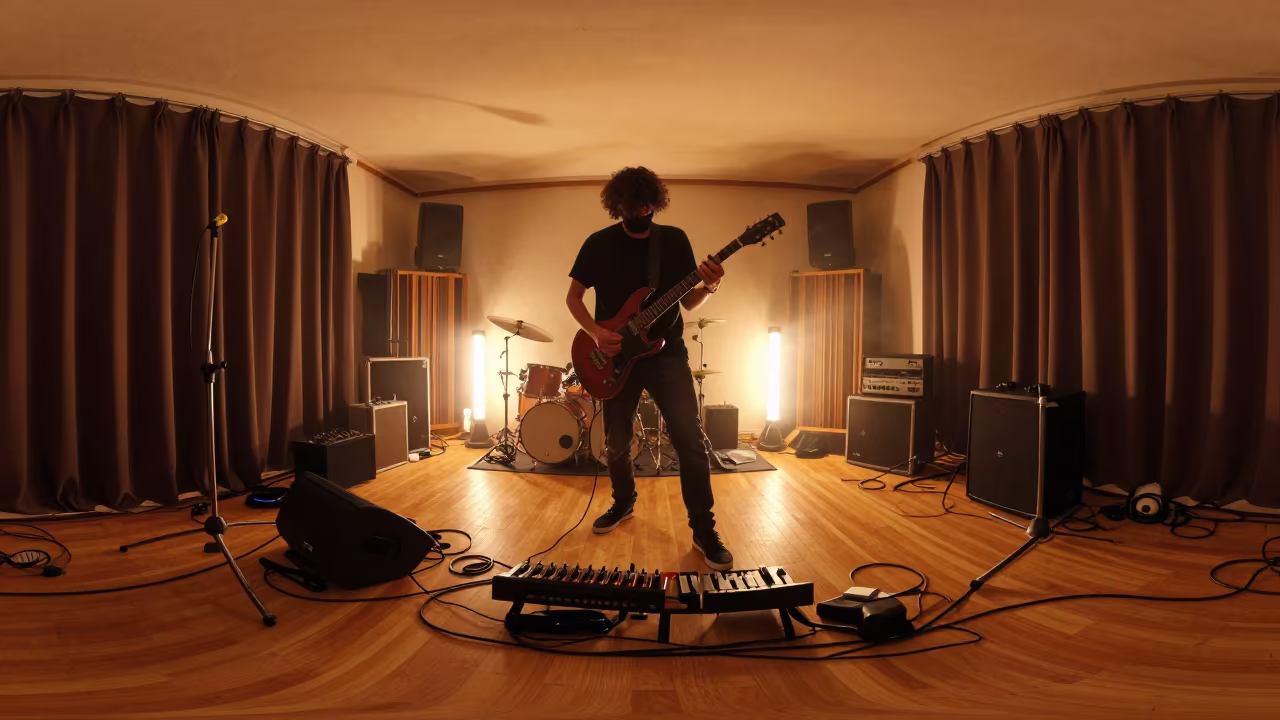 Guitarist Strums Power Chord in Tangier Rehearsal in in a rehearsal room in Tangier