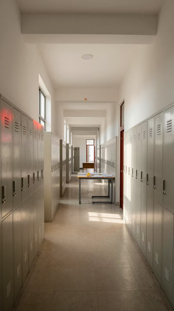 Guizhou School Corridor Lockers Exit Sign Reflection in at a seminar table covered in notes near Guiyang