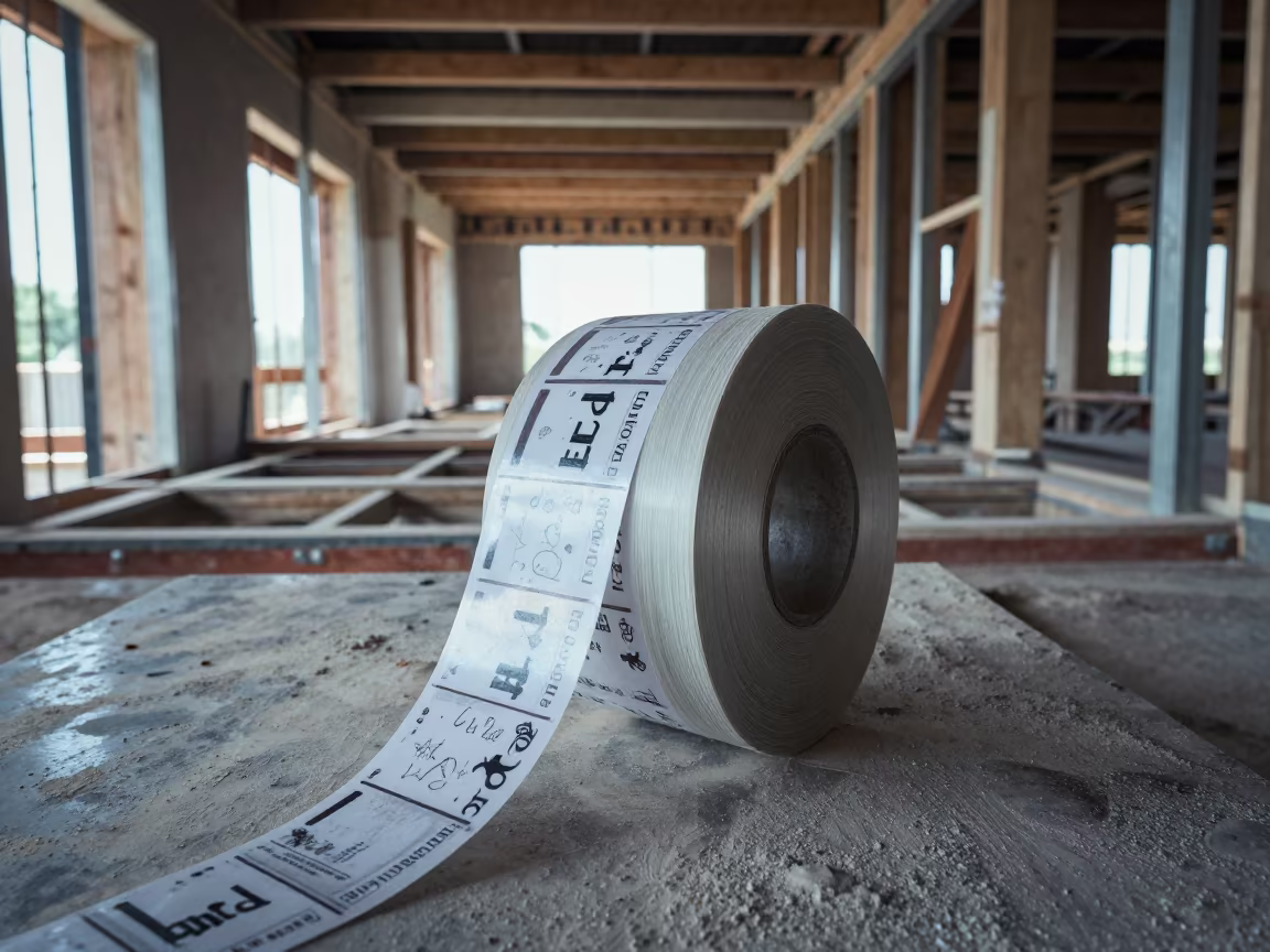 Gujarat Construction Sticker Roll in Dusty Mechanical Room in in a mechanical room under buildout in Gujarat