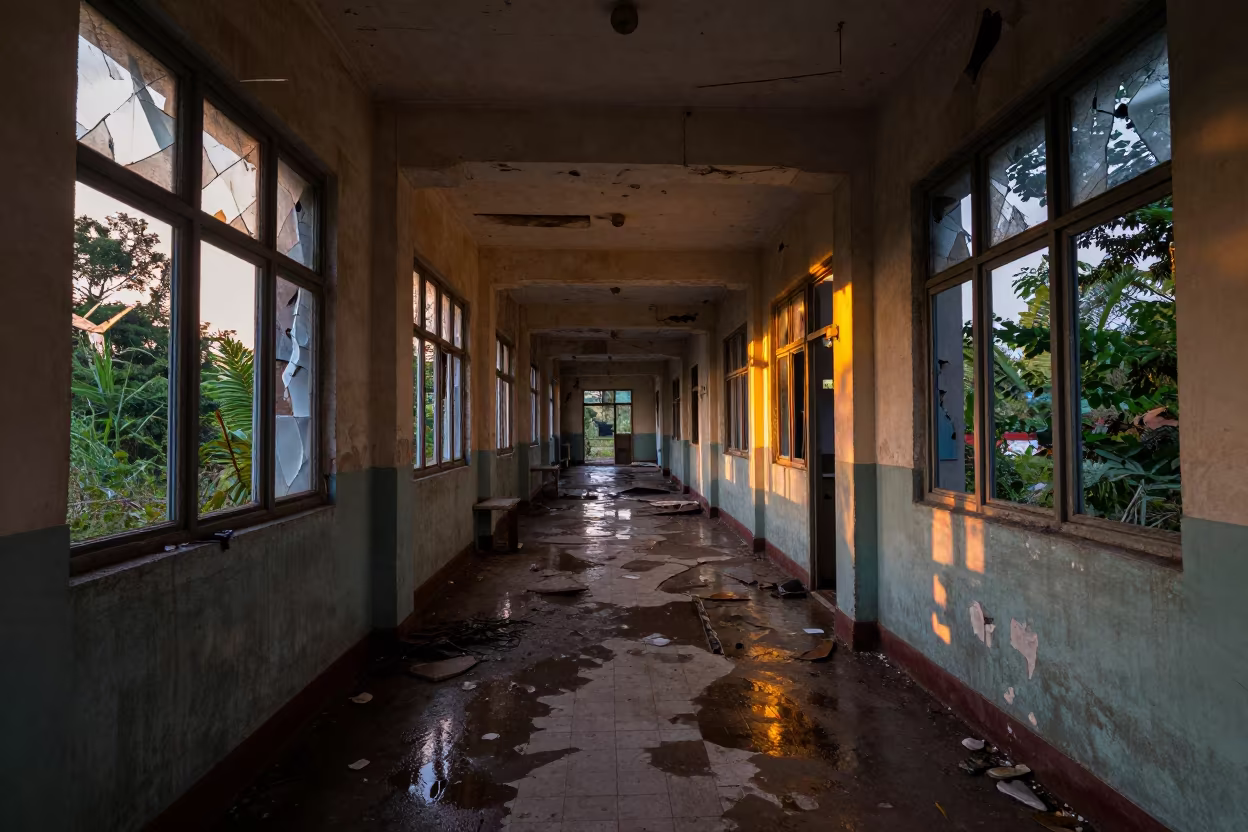 Gujarat Hospital Corridor Evening Ruin in through a shattered institutional hallway with debris underfoot in Gujarat