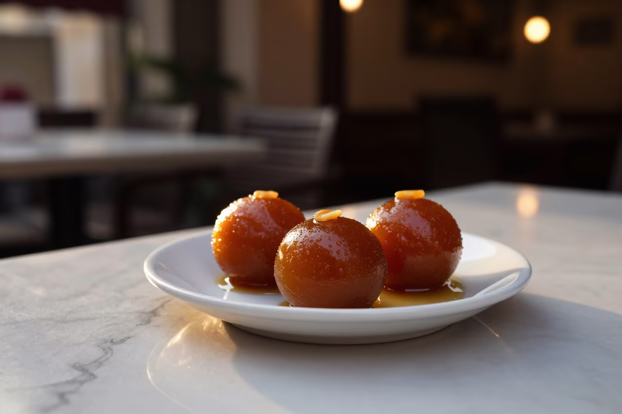 Gulab Jamun in Amber Sunset Light on Marble in on a marble cafe table in Margaret Island, Budapest