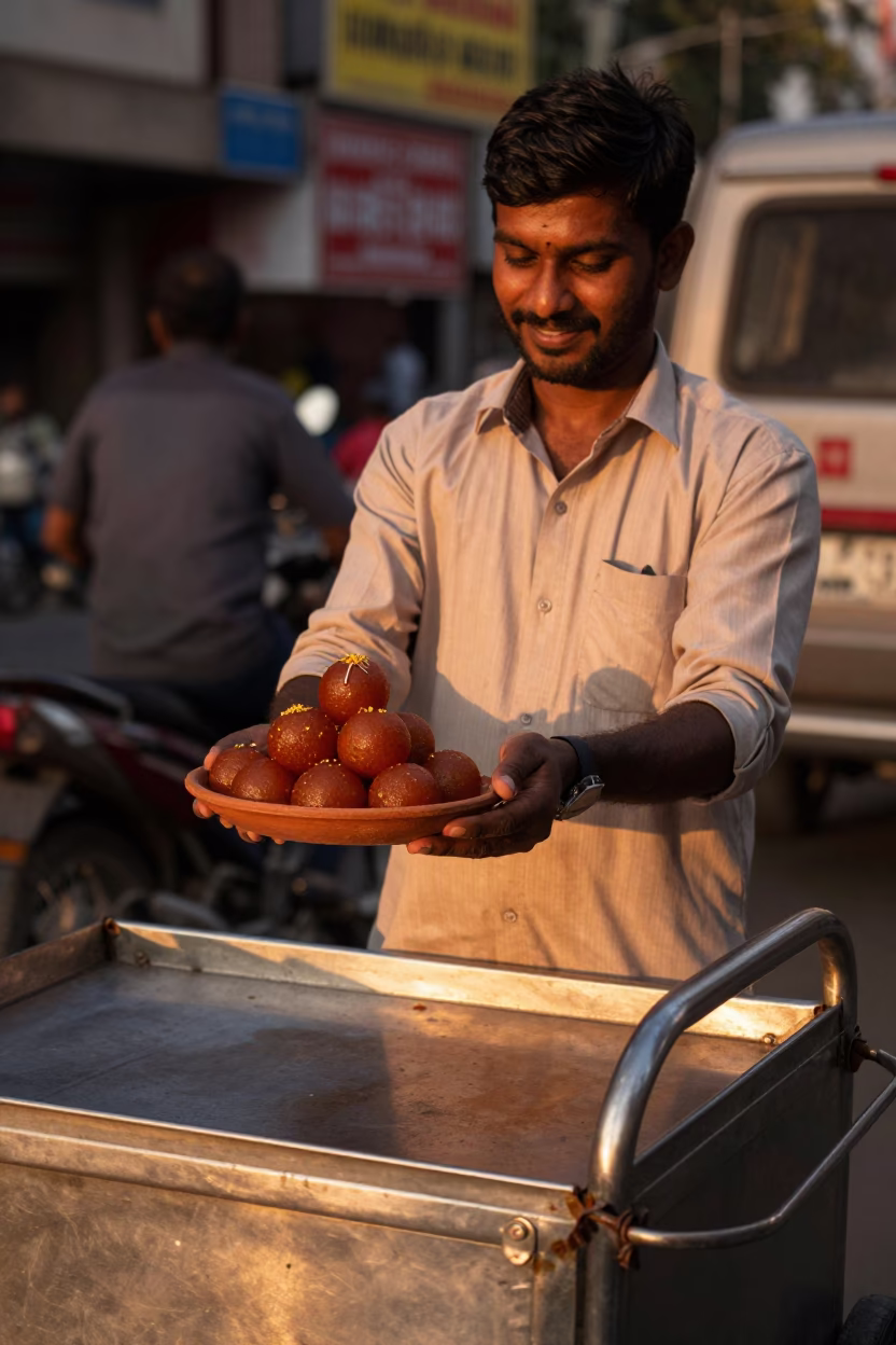 Gulab Jamun in Mumbai at Copper-toned Light Before Dusk in in Mumbai, India