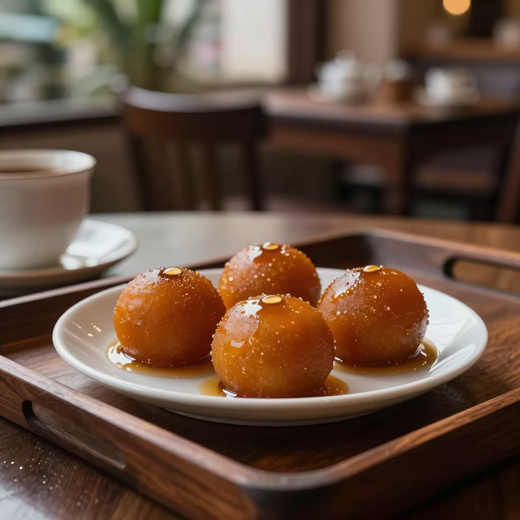 Gulab Jamun Syrup Tea House Tray Tlaquepaque in on a tea house tray in Tlaquepaque
