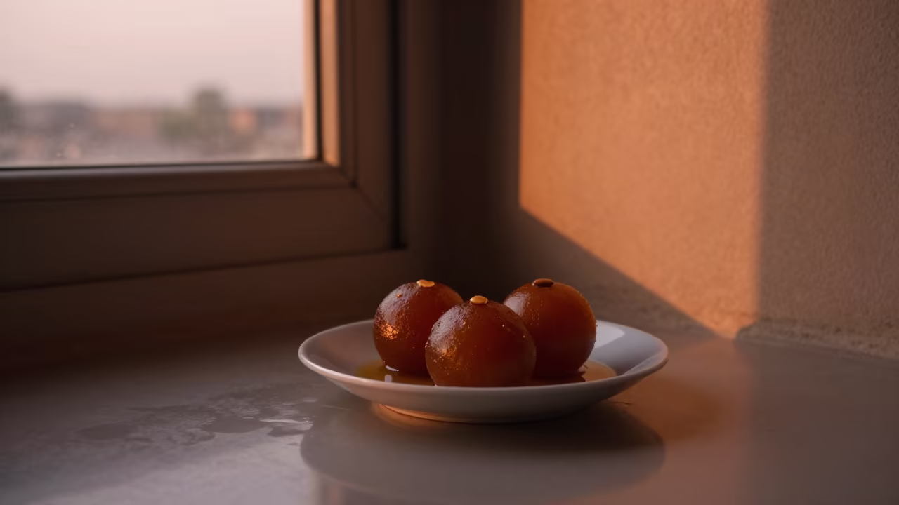 Gulab Jamun in Syrup by Window in Ibb in on a ceramic plate by a window in Ibb