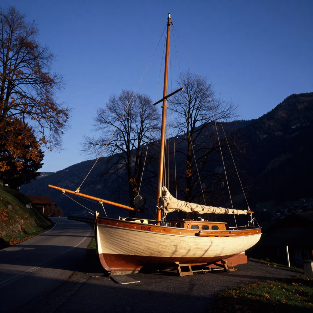 Gulet boat on Swiss mountain switchback at twilight in along a switchback approach near Bern