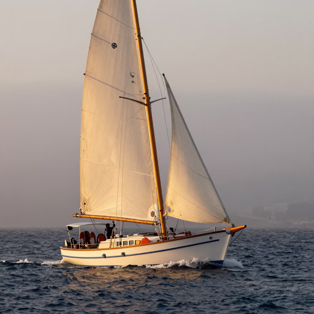 Gulet Cruising Foggy Ibiza Harbor at Golden Hour in beside a fogbound harbor mouth near Ibiza