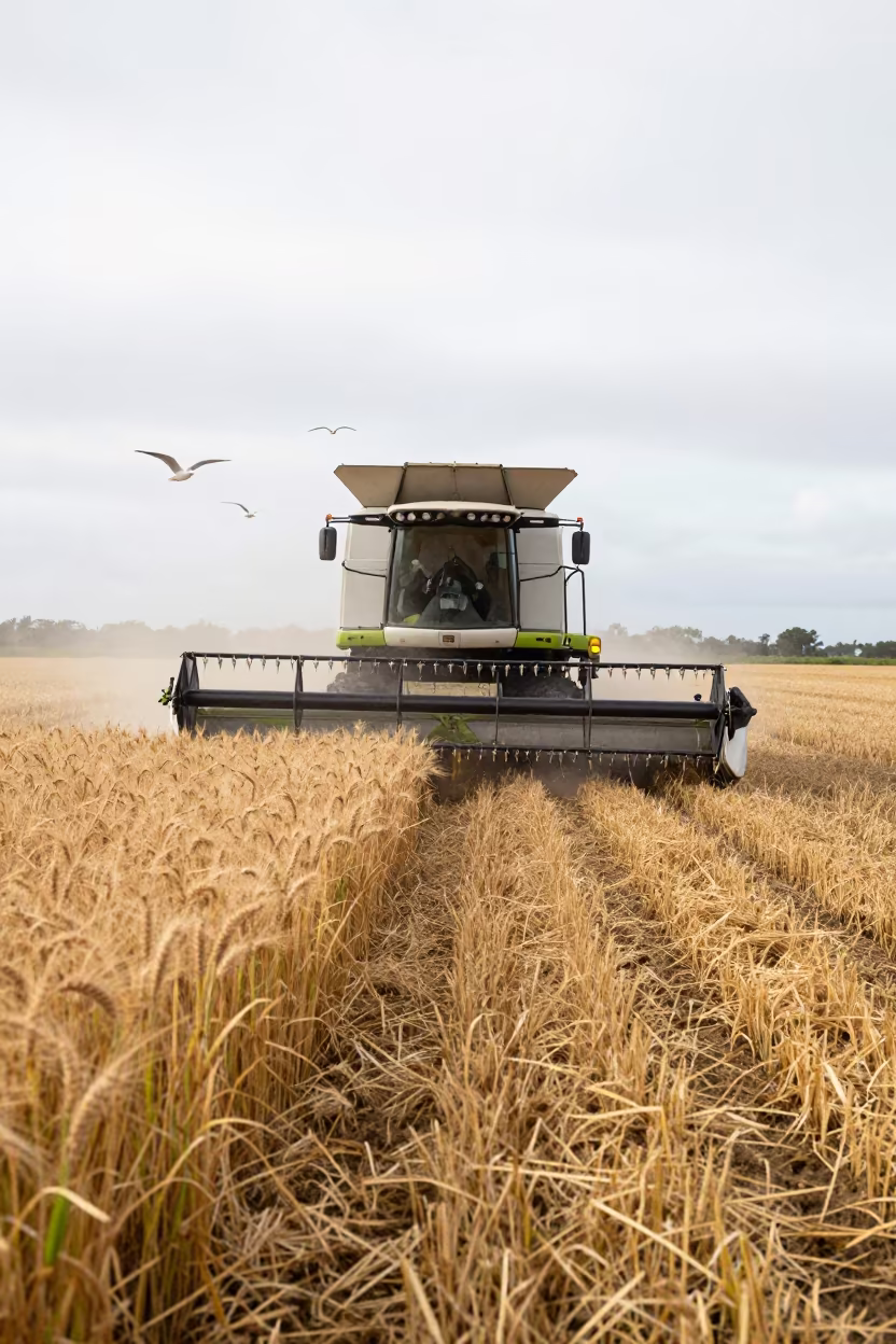 Gulls Follow Combine Harvester Through Wet Season Wheat in along freshly irrigated rows in Fiji