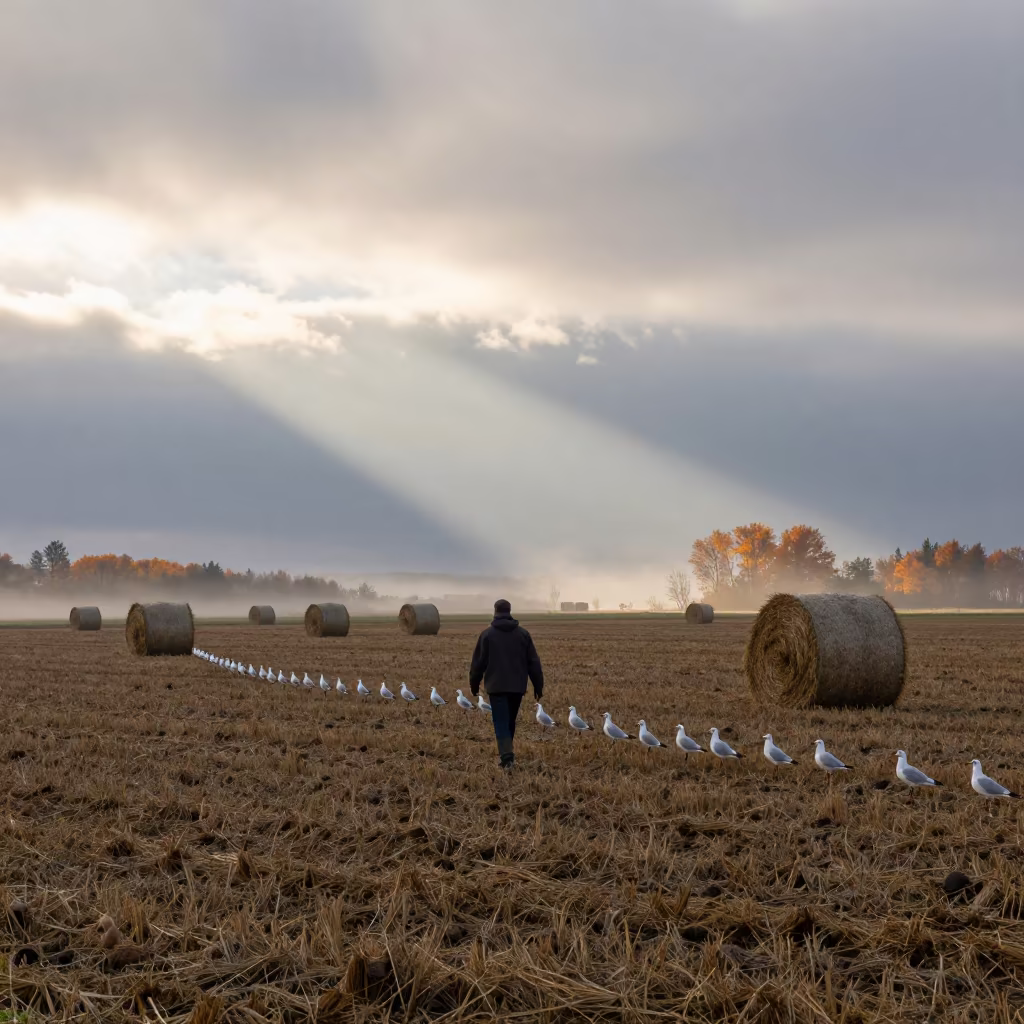 Gulls Follow Farmer in Dawn Light in beside stacked hay bales near Taiyuan