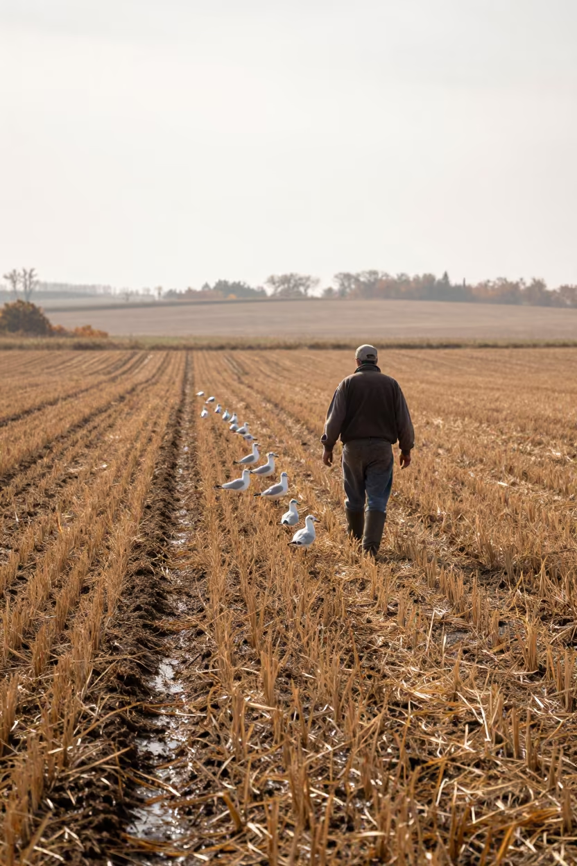 Gulls Follow Farmer in Manitoba Field in across a harvested grain field in Manitoba