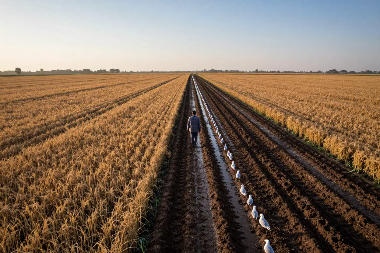 Gulls Follow Farmer in Plowed Field Evening in beside a tractor track through dark soil near Surat