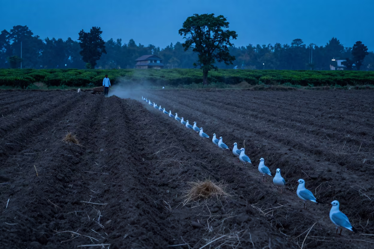 Gulls Follow Farmer in Plowed Field at Twilight in at the edge of a tea plantation near Lalitpur