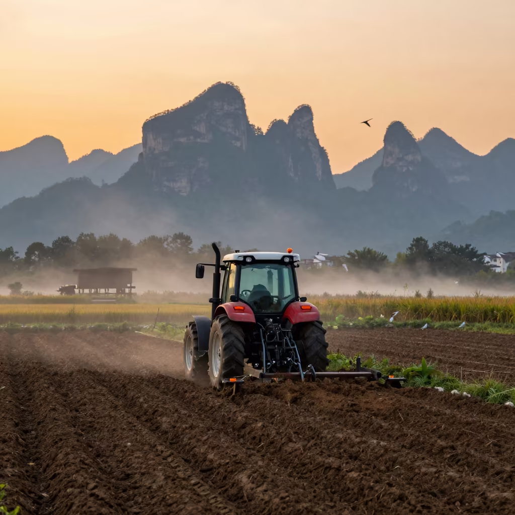Gulls Follow Tractor Through Evening Fog in along freshly irrigated rows near Zhangjiajie