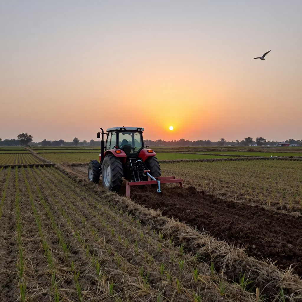 Gulls Follow Tractor Through Terraced Fields at Sunset in among terraced rice paddies in Multan