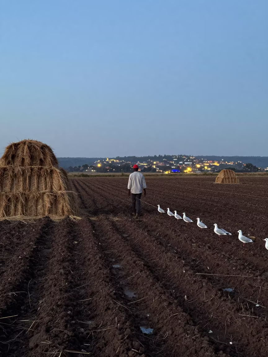 Gulls Following Farmer in Eswatini Plowed Field in beside stacked hay bales in Eswatini