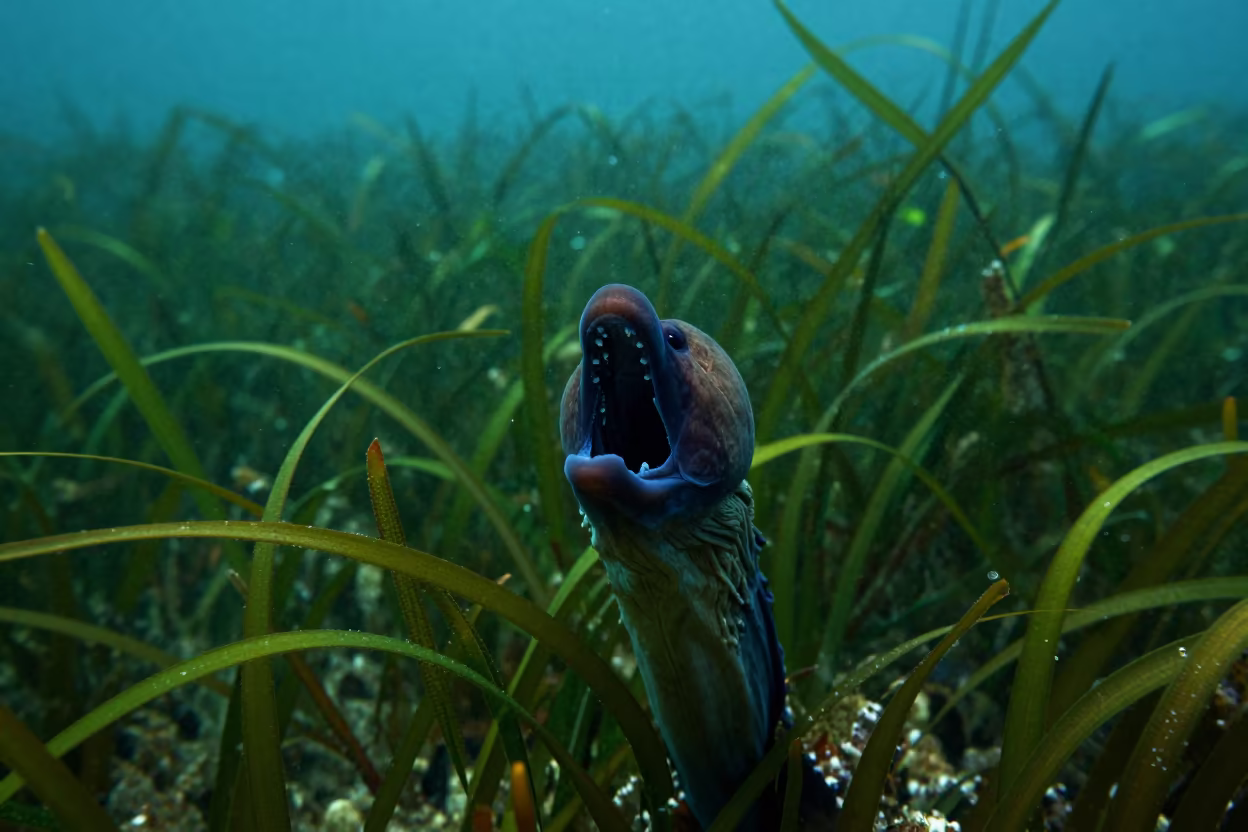 Gulper Eel Jaw Distended Over Cuban Seagrass in above a seagrass meadow in Cuba