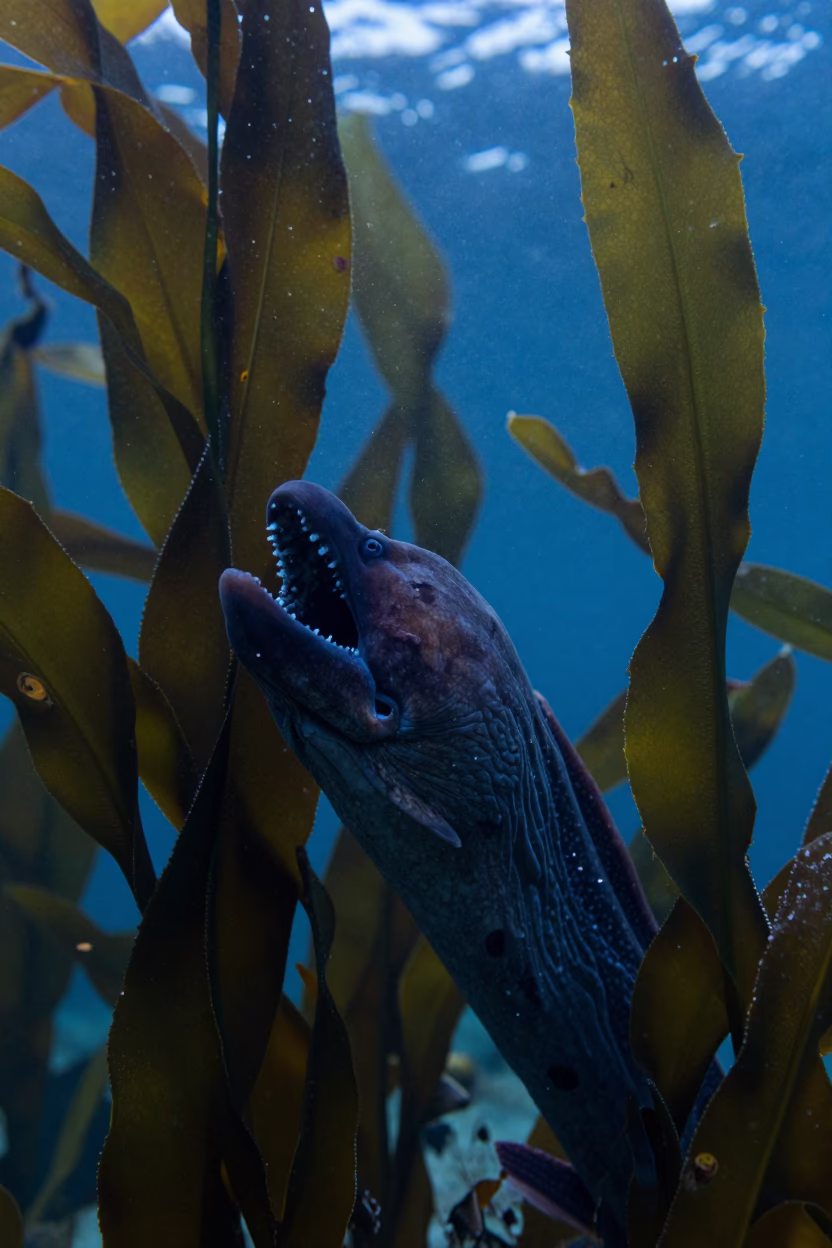 Gulper Eel Jaw Distended in Sydney Kelp Waters in along a kelp-fringed shelf near Paddington, Sydney