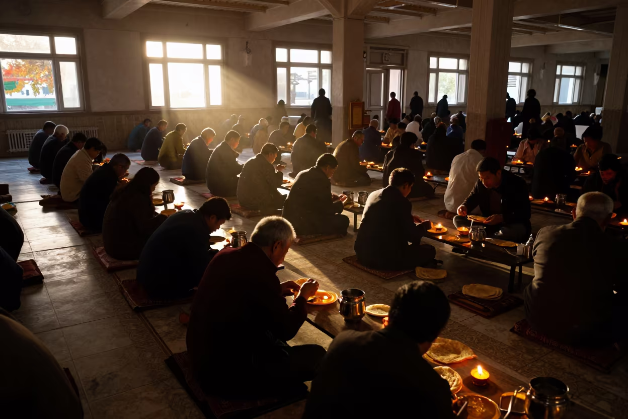Gurdwara Langar Hall Autumn Evening Candlelight in inside a candlelit nave in Jeju