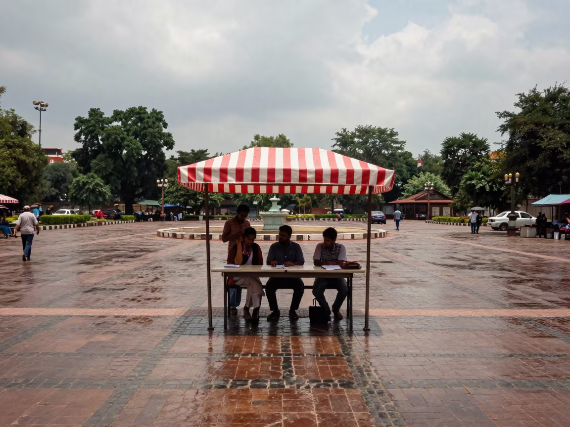 Gurgaon Petition Table Under Striped Canopy in in a public square in Gurgaon