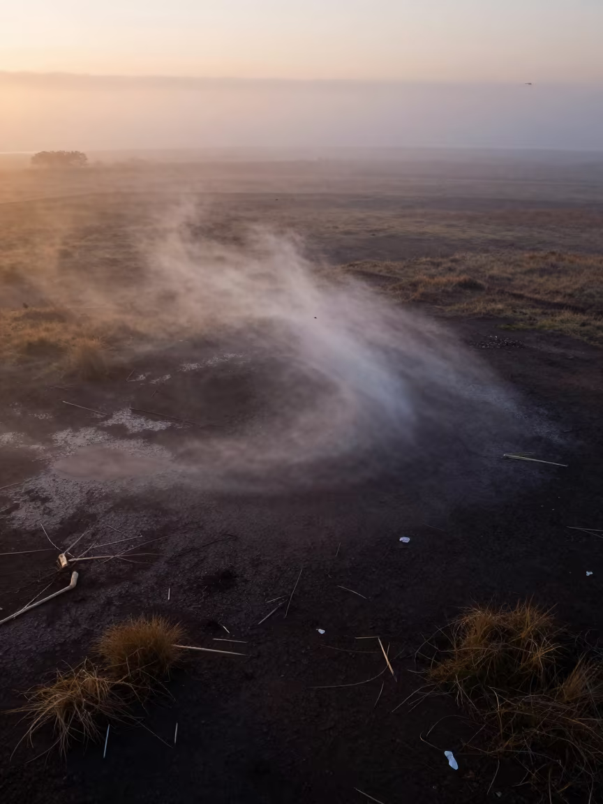 Gustnado Swirling Through Marine Fog at Dawn in through low marine fog near Mbabane