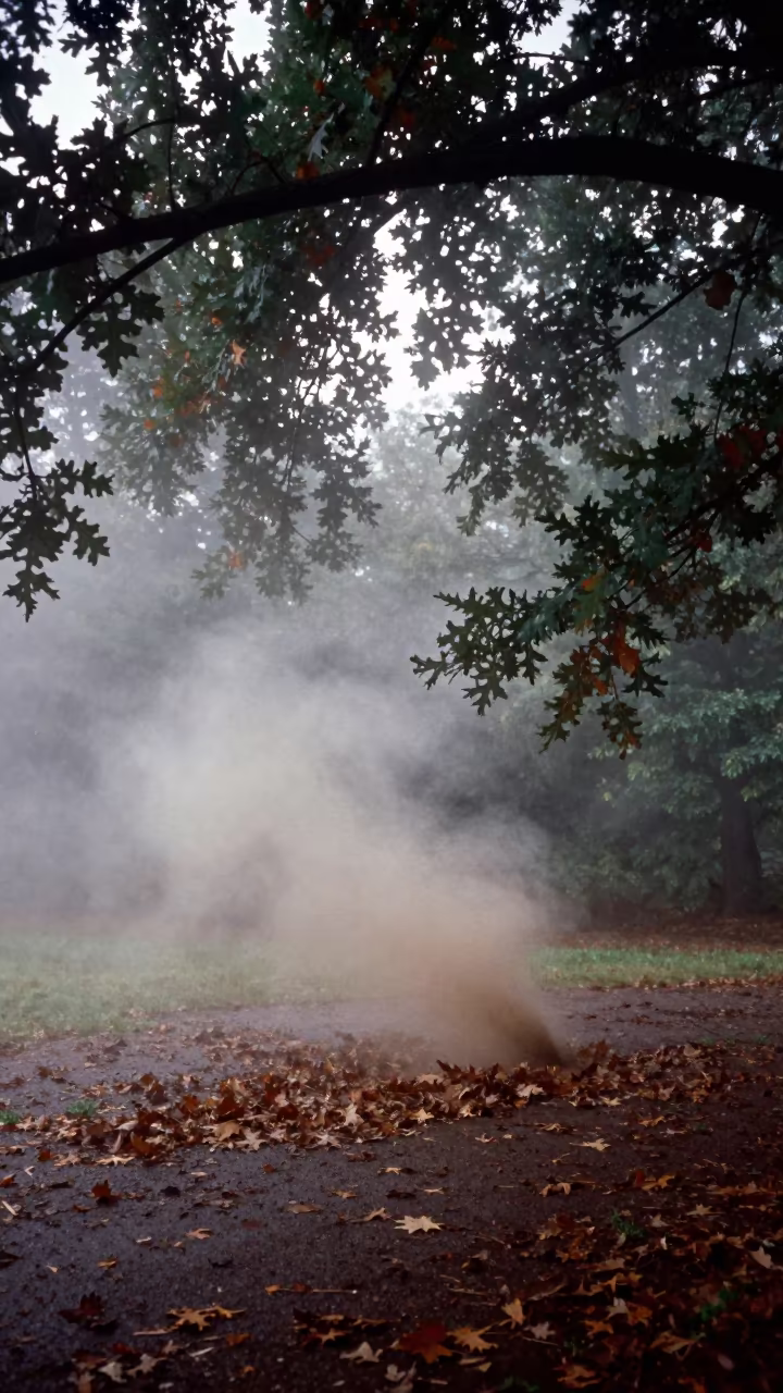 Gustnado swirling through marine fog and leaves in through low marine fog near Nashville