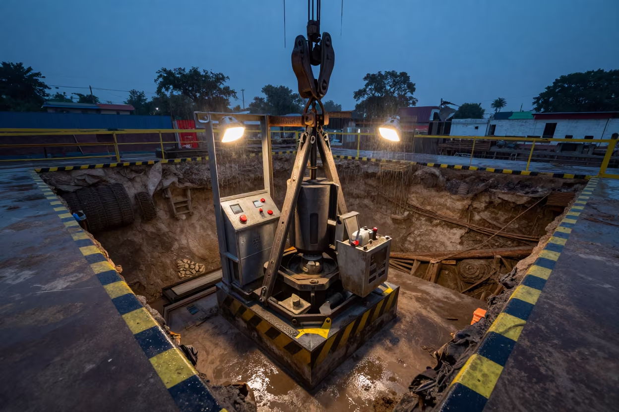 Gwalior Hoist Call Station in Blue Hour Rain in inside a taped-off excavation edge in Gwalior