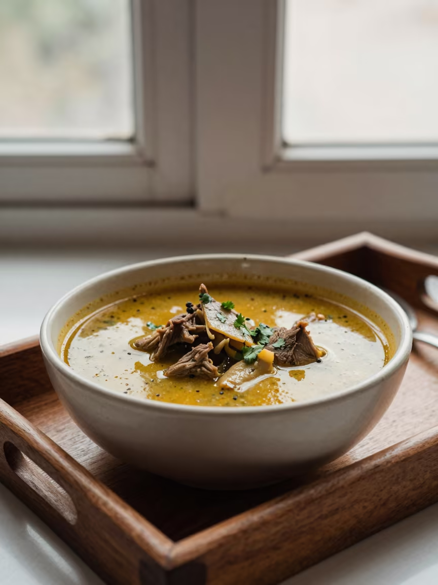 Gwalior Pepper Soup with Goat Meat on Tray in on a lacquered tray in Gwalior