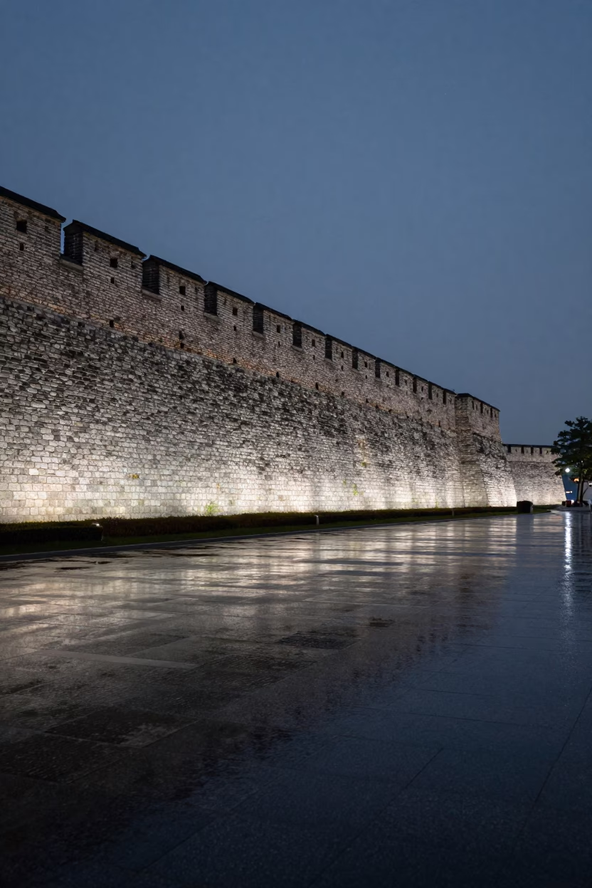 Gwangju City Wall Reflected in Predawn Dark in across a formal civic plaza in Gwangju