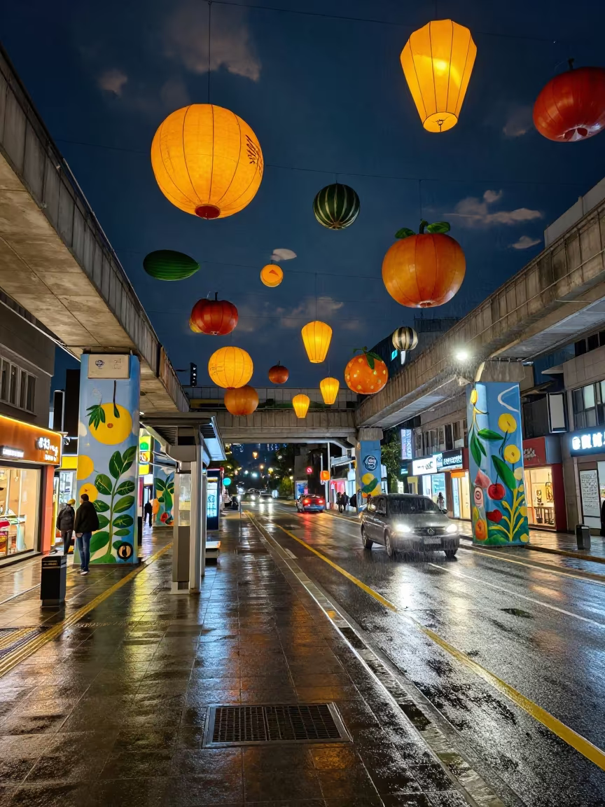 Gwangju Night Mural with Floating Lanterns in at a tram stop in Gwangju