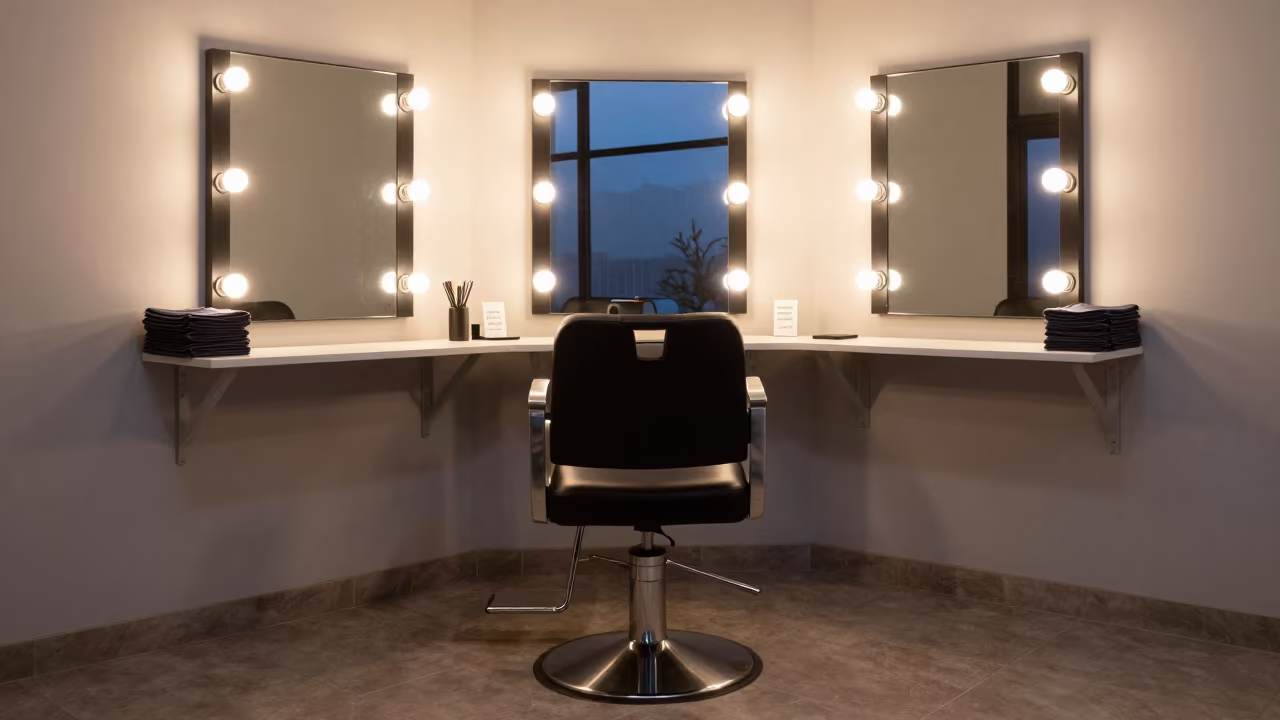 Gweru Salon Chair Blue Hour Neon Light in at a barber station beneath mirror bulbs in Gweru
