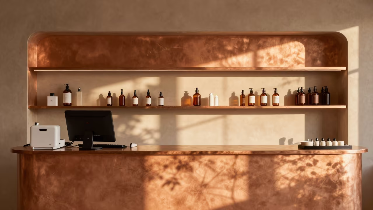 Gyeongju Spa Shelf with Inverted Shadows in inside a skincare treatment room in Gyeongju