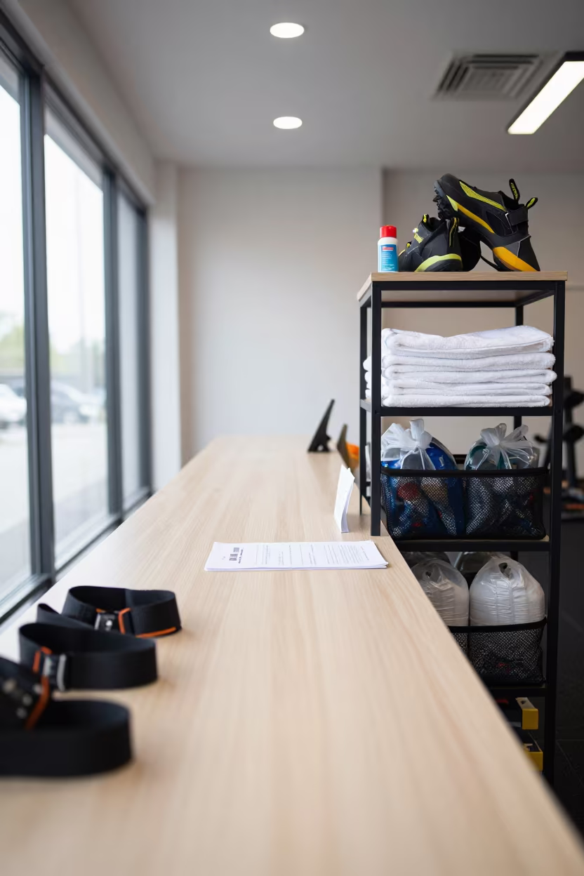 Gym Check-In Desk with Shoe Deodorizer Shelf and Towels in at a gym check-in desk in Burewala