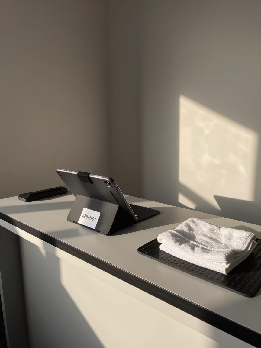 Gym Check-In Desk With Stylus Dock And Fitness Gear in at a gym check-in desk in Angren