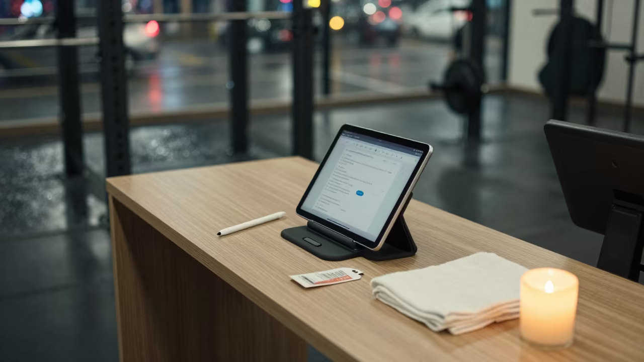 Gym Check-In Desk with Stylus Dock and Rainy Season Glow in at a gym check-in desk in Ulhasnagar