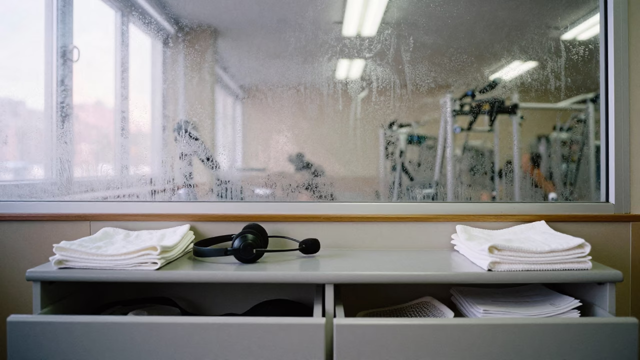 Gym Check-in Desk with Headset Mics in Veliko Tarnovo in at a gym check-in desk in Veliko Tarnovo