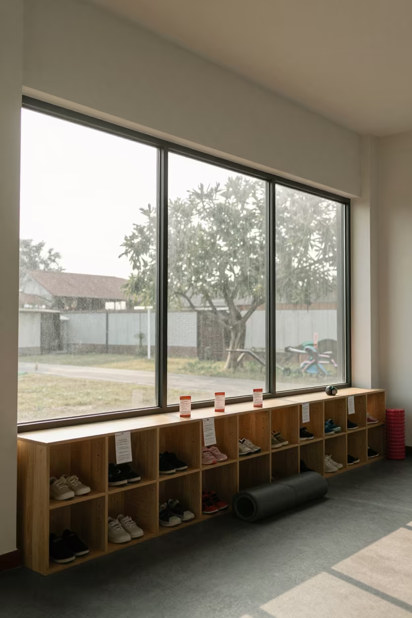 Gym Childcare Cubbies with Tiny Sneakers in inside a recovery lounge beside foam rollers near Battambang