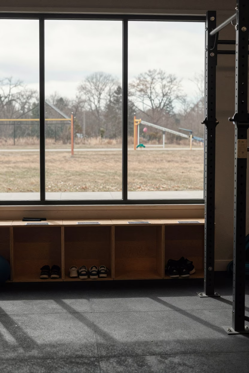 Gym Childcare Window Cubbies Tiny Sneakers Waterloo in inside a strength room in Waterloo