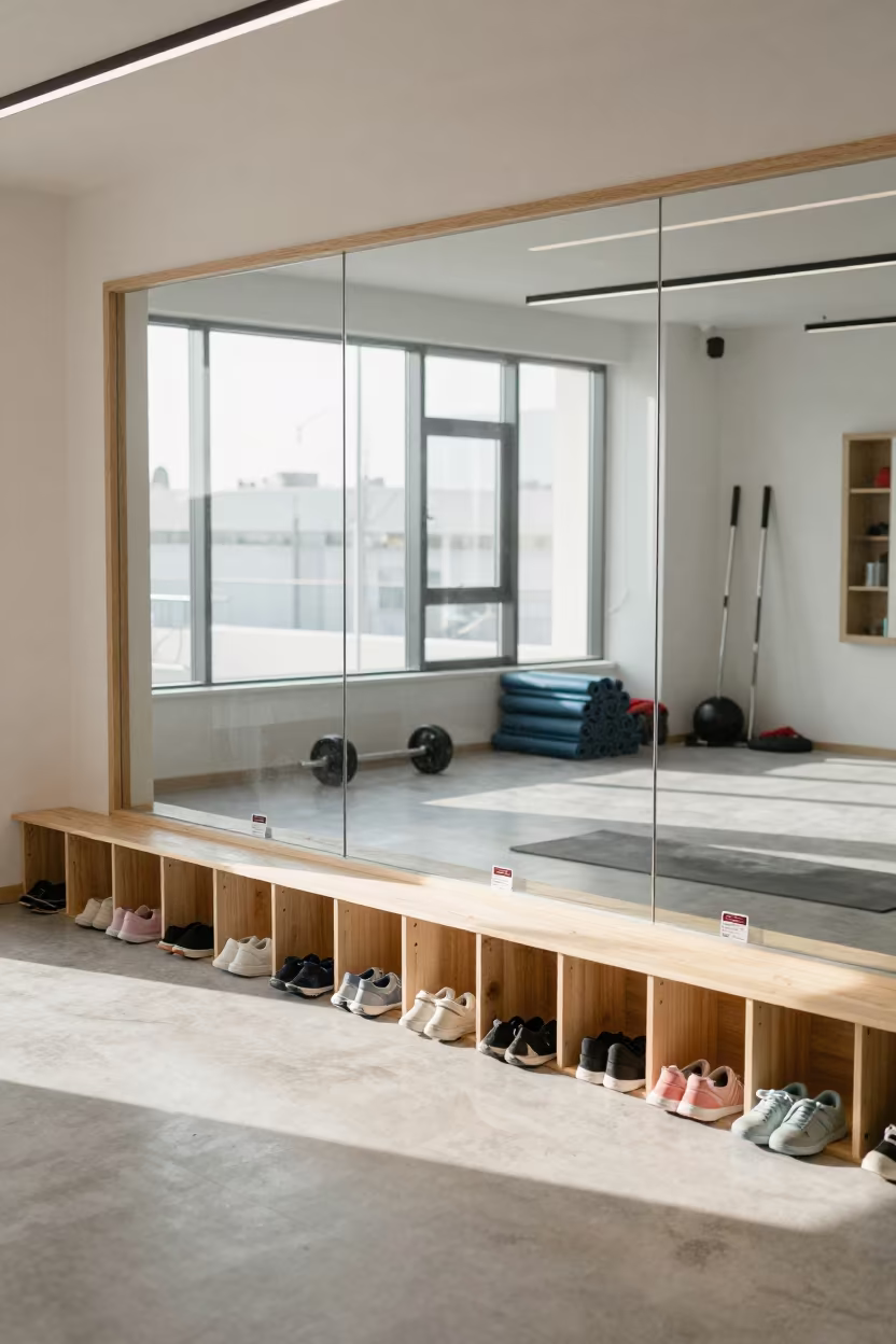Gym Childcare Window with Sneakers in Kuwait in inside a yoga studio before the session begins in Kuwait City