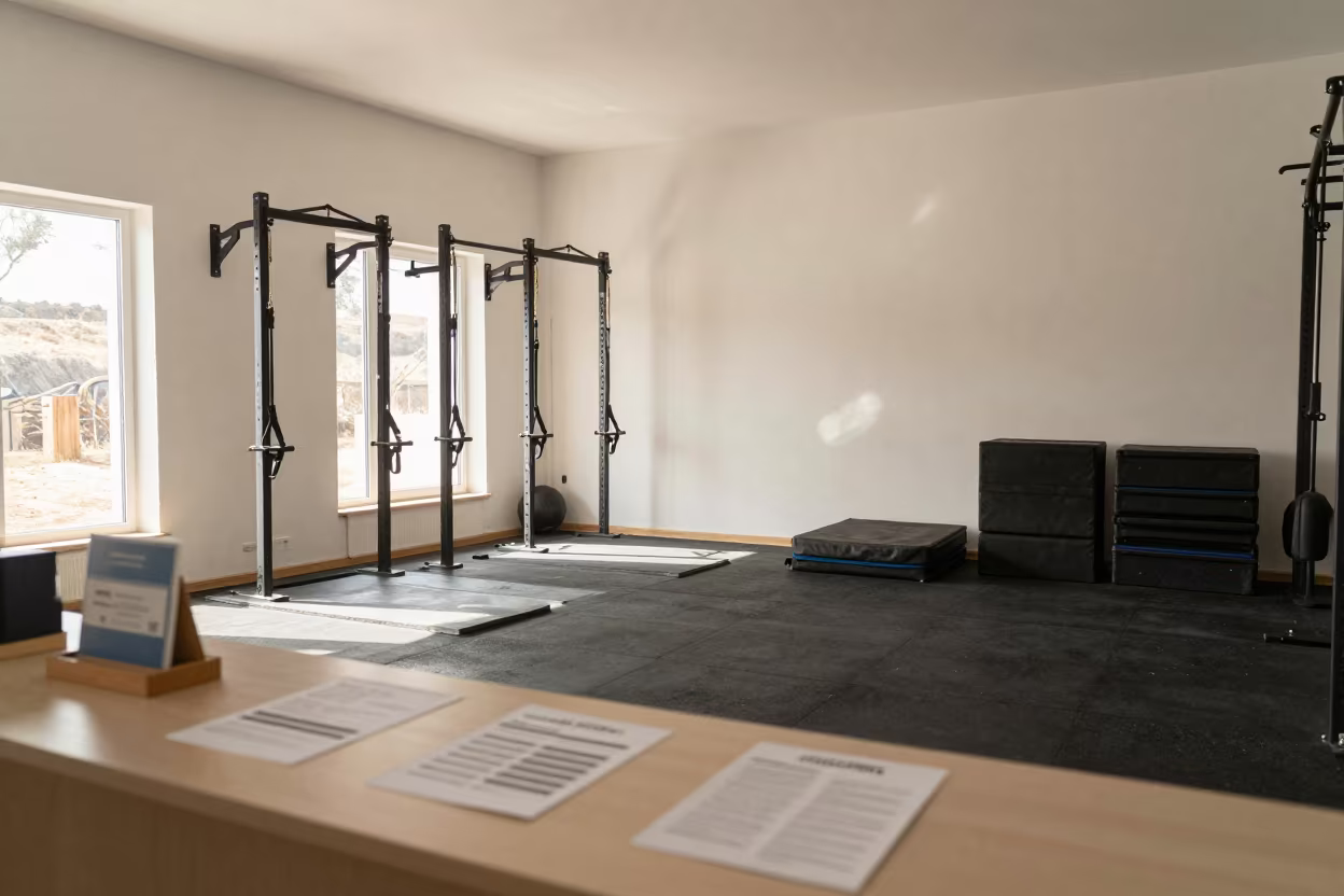 Gym conditioning bay with sled harnesses under noon light in at a gym check-in desk in Erzurum