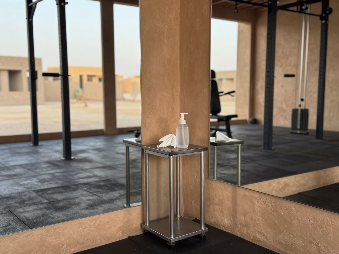 Gym Disinfectant Station Morning Sana'a in inside a strength room in Sana'a