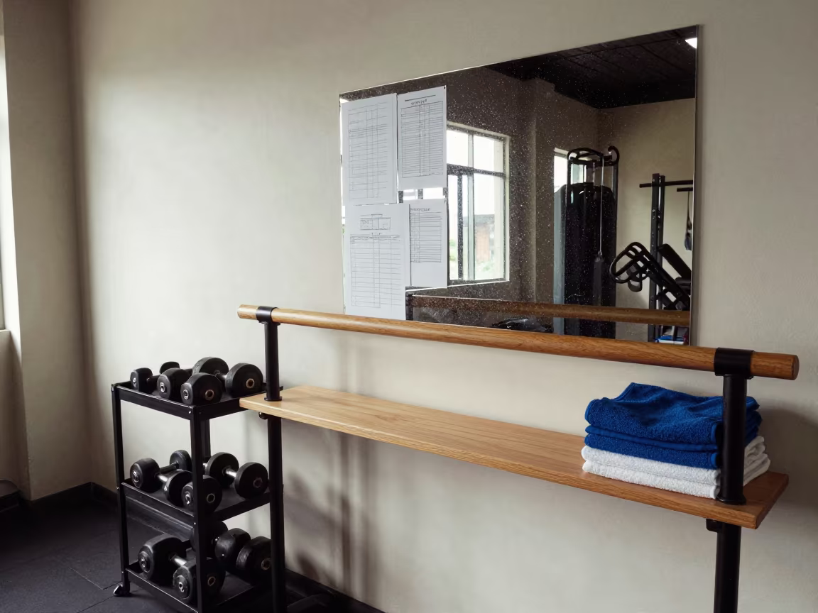 Gym Rehearsal Reset With Weights And Notes in at a gym check-in desk in Accra