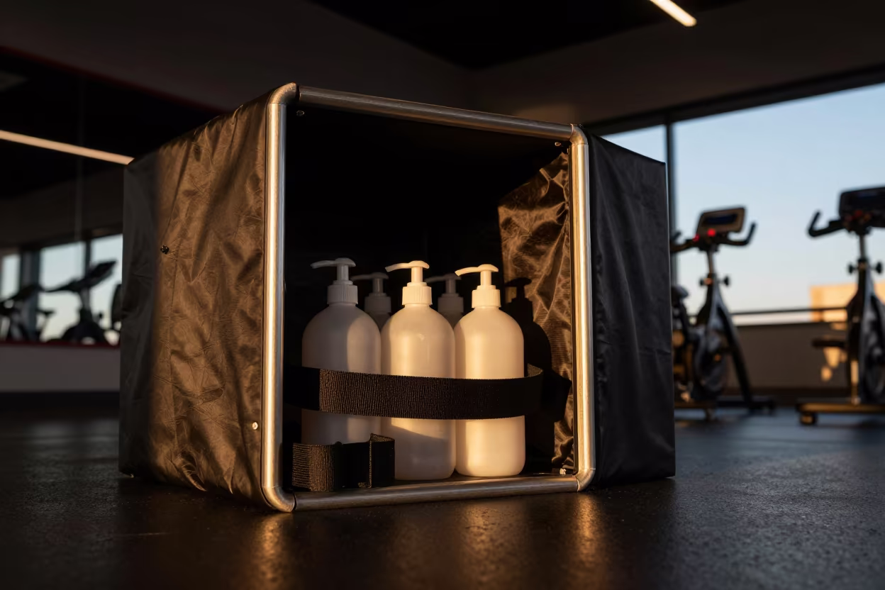 Gym Sweat Cover Box Under Amber Sunset Light in inside a spin studio under class lights near Maiduguri
