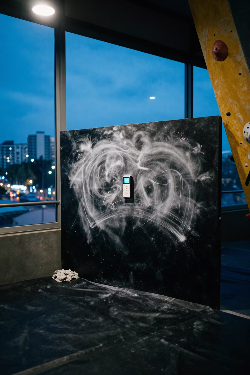 Gym Timer Board with Chalk Dust in Accra Climbing Gym in inside a climbing gym warmup zone near Accra